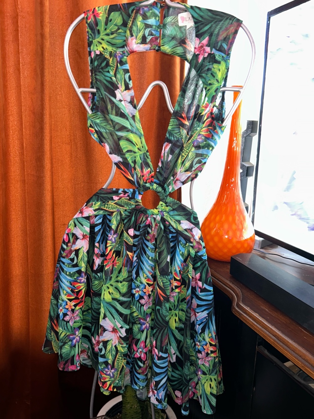 L'ATISTE Tropical Floral Cutout Dress in Black with Green, Pink & Blue